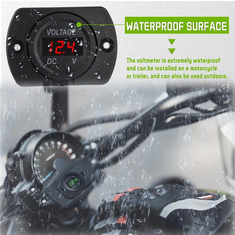 EPLZON 2 Pack DC 12V 24V Waterproof Car Voltmeter with Red LED Digital Display Panel and Mounting Plate Round Voltage Gauge Meter with Terminal for Boat Marine Motorcycle Truck(Red Light) - Image 4